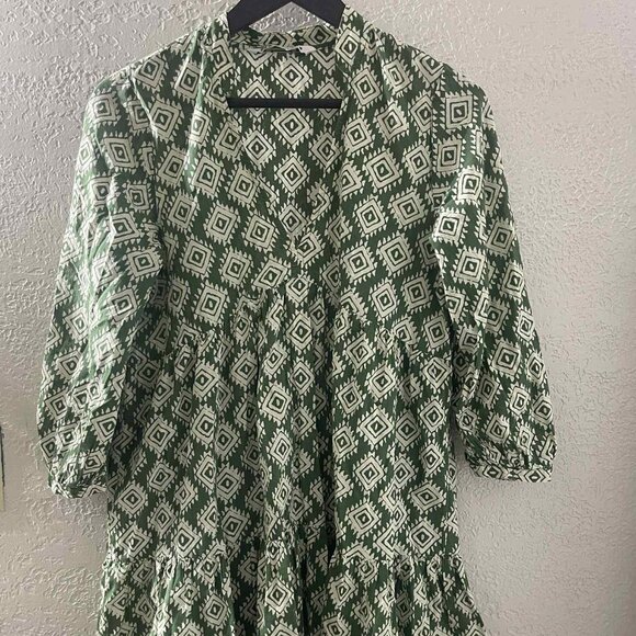 ZARA MINI CADIE GREEN PRINTED V-NECK‎ DRESS SIZE XSMALL 100% COTTON - Picture 1 of 6